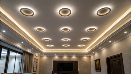 Poster - A modern living room ceiling showcasing rounded recessed lighting fixtures evenly spaced to produce a warm inviting atmosphere with a subtle sheen from fresh paint.
