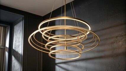 Poster - A modern chandelier featuring layered rings of brushed gold suspended from a wire displayed against a dark wall casting intriguing shadows.