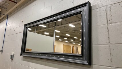 Aufkleber - A modern mirror frame hanging askew on the wall reflecting construction light with patches of primer visible around its edges.