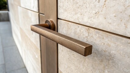 Aufkleber - A minimalist textured door handle in matte bronze contrasting dramatically with a smooth lightcolored stone surface.