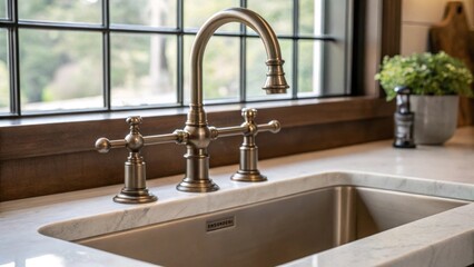 Poster - A modern bridge faucet with classic lever handles elegantly positioned over a deep farm sink combining traditional elements with a sleek design for a harmonious kitchen