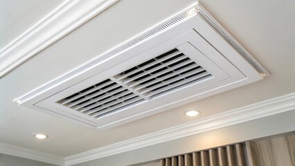 Poster - A minimalist view of an air conditioning vent reveals subtle design accents that harmonize with an ultimately neutral ceiling. The gentle gradient of light accentuates the vents