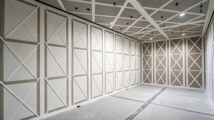 Poster - A minimalist scene highlighting the geometric patterns formed by stacked drywall sheets with sharp lines breaking the emptiness of the room around them.