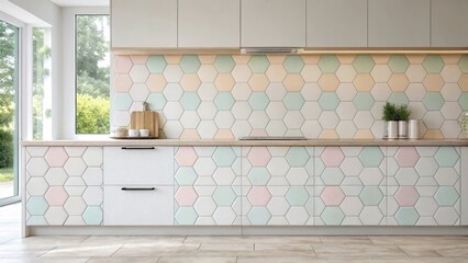 Poster - A modern backsplash of hexagonal tiles in soft pastel hues that evoke a playful yet sophisticated atmosphere blending seamlessly with light cabinetry.