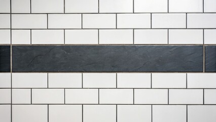 Poster - A minimalistic approach with pure white rectangular tiles interrupted by a band of dark slate providing a striking contrast that emphasizes the simplicity of form.