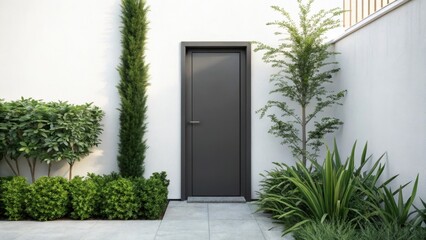 Aufkleber - A matte finish door lying against a bright wall with tered greenery adds a fresh touch to modern minimalism merging nature with sleek design.
