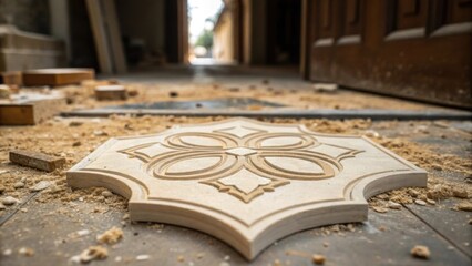 Aufkleber - A macro shot of a uniquely shaped tile laying by the entryway covered in sawdust and other renovation debris showcasing the artistry and craftsmanship involved.