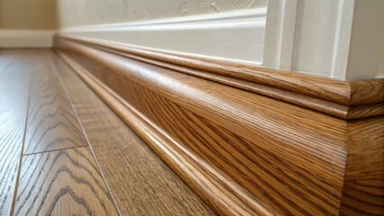 Poster - A macro shot of a wood grain detail showcasing a sinuous line running along a baseboard capturing the woods organic beauty before it receives its coat of paint.