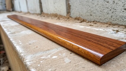 Aufkleber - A macro shot of a single wooden slat showcasing its smooth finish and glossy varnish contrasting against the rougher texture of the incomplete drywall behind it.
