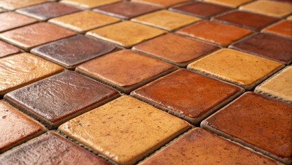 Poster - A macro shot of handpainted tiles in warm earth tones with uneven grout lines that suggest an artisanal touch highlighting the depth and character of each piece.