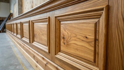 Poster - A macro shot of a partially installed panel displaying wood knots and the natural variations in color with the unfinished area around it contrasting the polished surface.