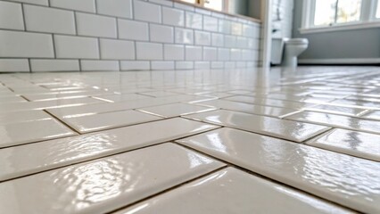 Poster - A macro shot of a newly grouted bathroom floor revealing the slight texture of the grout between glossy white subway tiles that reflect the bright ambiance of the room.