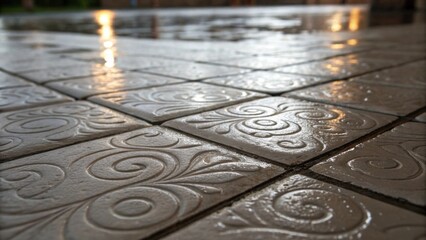 Aufkleber - A macro shot of a single tile revealing its intricate surface pattern of subtle swirls surrounded by wet grout that glistens under soft overhead lighting creating a contrast with