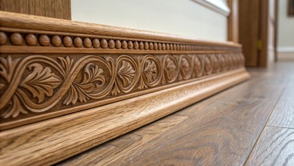 Poster - A macro shot of a detailed baseboard profile capturing the intricate patterns carved into the wood emphasizing the craftsmanship and attention to design.