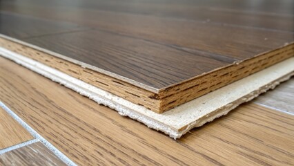 Poster - A macro shot of a chipped edge of laminate flooring highlighting the layered composition and the stark contrast between the top veneer and the underlying core material.