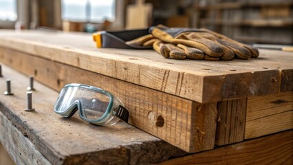Aufkleber - A macro shot of a corner of the kitchen island showcasing rough sawn timber and exposed nails with a pair of safety goggles and a dusty work glove in the foreground.