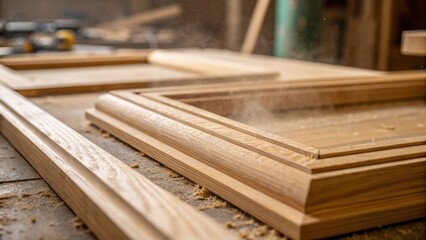 Poster - A macro shot emphasizes the texture of the raw wooden frames where each groove and notch is clearly visible. Dust motes float in the light creating a serene atmosphere around the