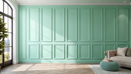 Aufkleber - a luminous mint green accent wall illuminated by natural light showcasing a smooth finish with shado