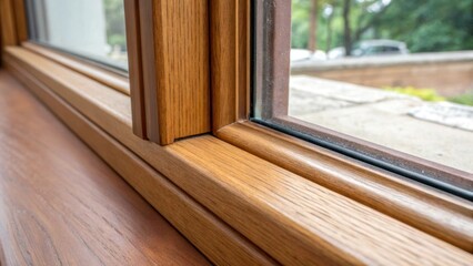 Poster - A macro image capturing the intersection of a window frame and seal where the smooth surface of the wood meets the soft pliable edges of the new weather stripping.