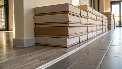 Poster - A lower angle view of the flooring boxes showcasing the layers of packaging with soft shadows casting gentle lines that enhance the depth of the stacked arrangement.