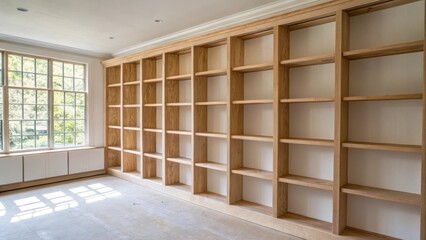 Poster - A lightfilled room featuring an empty plaster wall adorned with a grid of wooden shelves each piece is sanded and prepared for a perfect fit.