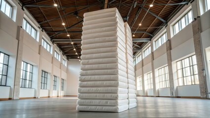 Poster - A lole perspective of a towering stack of insulation packages emphasizing their height and the open airy feel of the room around them.