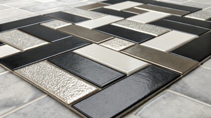 Aufkleber - A layout of bold monochromatic tiles interspersed with metallic accents reflecting light in a contemporary arrangement that feels modern and stylish.