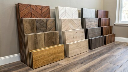 Aufkleber - A layered view showcasing the different colors and textures represented on the laminate flooring boxes creating a visual contrast against walls.