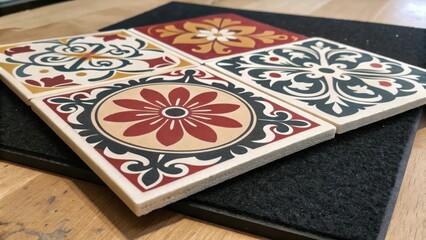 Aufkleber - A layered view of patterned encaustic tiles with bold floral designs and a textured surface resting on a black felt beneath hinting at the artistic statement they will create when
