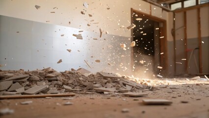 Poster - A layered perspective of drywall scraps caught midfall demonstrating motion with dust motes floating dramatically in filter light showcasing the chaos of renovation.