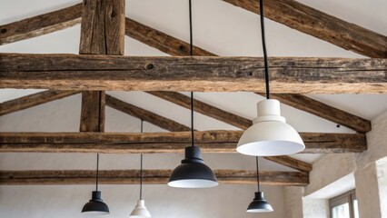 Poster - A juxtaposition of old and new the rugged handhewn appeal of exposed beams harmonizes with minimalist pendant lights hanging gracefully from the ceiling.