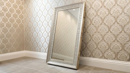 Aufkleber - A large frameless mirror leans against a patterned wall covered with soft wallpaper its reflective surface enlarging the perception of space in the chic compact bathroom.