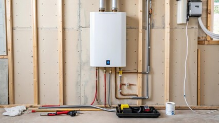Poster - A glimpse of a wallmounted water heater waiting to be installed with various pipes and cables extending out emphasizing the transitional state of the room.
