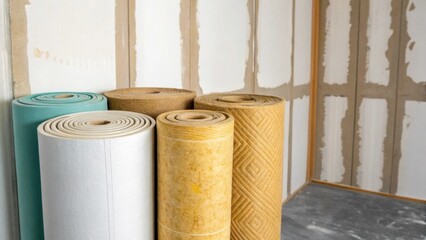 Aufkleber - A glimpse of the edges of the insulation rolls showcasing the different textures and colors against the backdrop of unpainted walls that are waiting for a fresh coat.