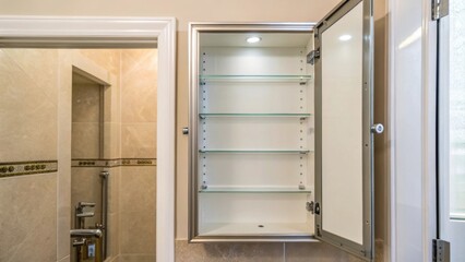 Poster - A gleaming newly installed medicine cabinet door halfopen revealing empty shelves and construction marks along the edges of the wall.
