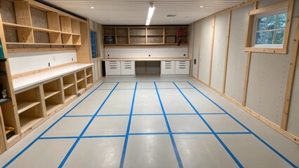 Aufkleber - A functional space with unfinished walls and a radiant floor presenting neat lines made with painters tape that sketch out the layout for a home office highlighting a dedicated