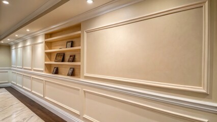 Aufkleber - A fresh unblemished cream wall characterized by its understated elegance ready for the integration of floating shelves designed to showcase art and books.
