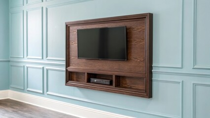 Poster - A fresh light blue wall serves as a serene backdrop for a dark wood TV mount merging modern functionality with a touch of natural warmth.