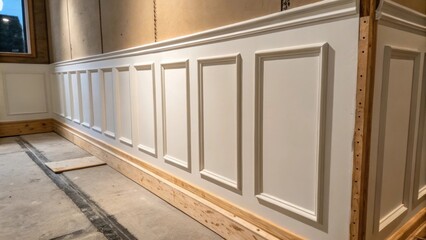 Poster - A focus on the unfinished corner of the accent wall featuring raw edges of the panels and a shadow cast by the incomplete installation process.