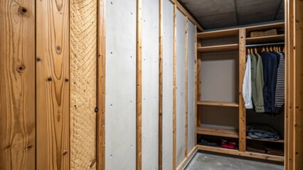 Aufkleber - A focus on the textures where unfinished wood meets smooth drywall capturing the transition of materials within the closet space.