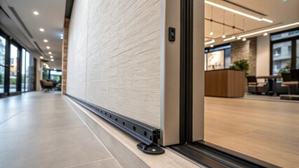 Aufkleber - A focus on the wall reveals subtle textures while the robust sliding door track firmly anchored promises functionality and style in the newly renovated space.