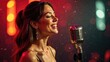 © Helga P-A. - A happy woman is singing into a vintage microphone with a red bokeh background. Concept of artistic expression.