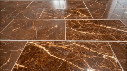 Aufkleber - A focused shot of deep rich mocha marble tiles their polished finish revealing a lustrous sheen that enhances the natural color variations highlighted against a neutral backdrop.