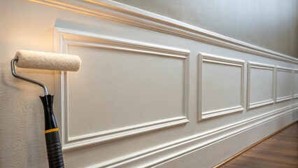 Poster - A focused look at the pristine prime job on the wall with light glancing off its newly prepared surface next to a paint roller expertly designed for reaching corners and edges with