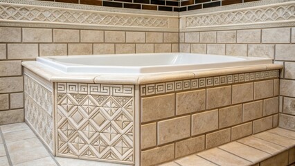 Aufkleber - A focused shot of a tiled bathtub surround showcasing a variety of rectangular tiles nestled together with clean white grout that accentuates the elegant lines of the design.