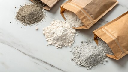 Poster - A flat lay of open grout bags spilling their contents the gritty texture of the mixed grout contrasting starkly against the immaculate smooth surface below.