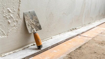 Aufkleber - A flawlessly smooth plastered wall catches the eye with its freshness while at the bottom a trowel presents its dusty plastersmeared surface as evidence of handiwork.