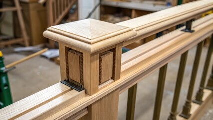 Poster - A focused image of a partially assembled railing section featuring a crosssection view of connection joints displaying woodworking precision and the interplay of light and shadow