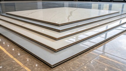 Aufkleber - A few large format tiles lying atop one another displaying an exquisitely smooth surface with a mirrorlike finish perfectly showcasing the depth and elegance of the material.