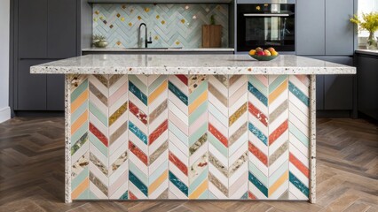 Aufkleber - A dynamic kitchen island featuring a herringbone pattern base with an unmounted countertop of vibrant terrazzo showcasing a colorful mosaic of stones and chips.